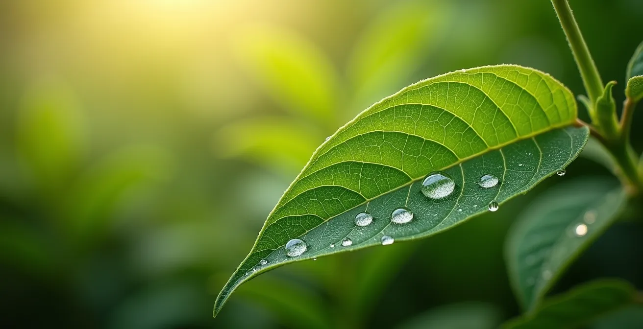 Gros plan macro sur des feuilles de thé bio couvertes de rosée matinale