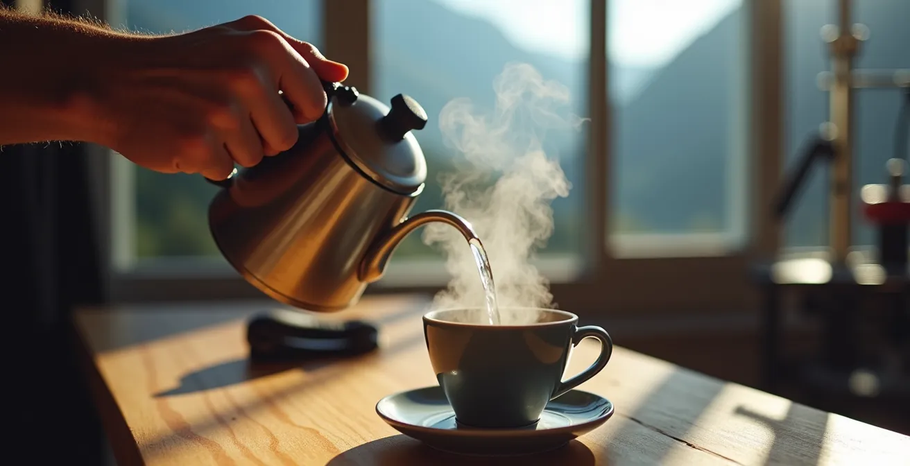 Mains d'athlète préparant méticuleusement son thé dans un environnement sportif